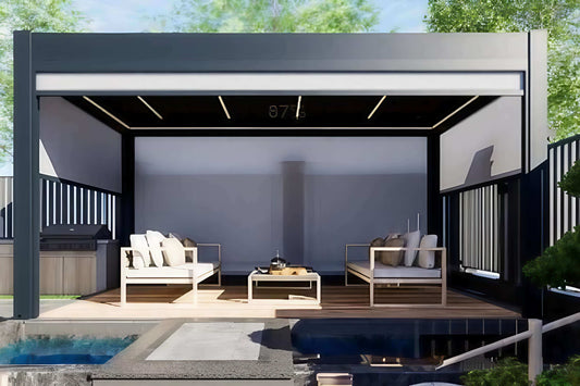 Pergola Serie 220 – 5×3 m – elektrisch verstellbar – mit LED-Beleuchtung und Sicht- und Sonnenschutzelemente