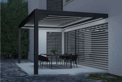 Pergola Serie 220 wandmontiert – 6×3 m – elektrisch verstellbar – mit LED-Beleuchtung