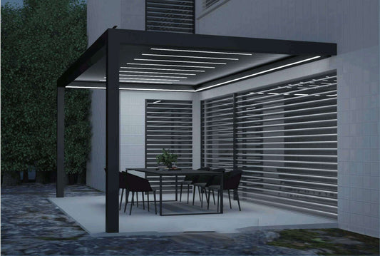 Pergola Serie 220 wandmontiert – 3×3 m – elektrisch verstellbar – mit LED-Beleuchtung